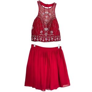 B Darling Rhinestone Dress Red Beaded Sz 3/4 Two Piece Formal Prom Quince Dress